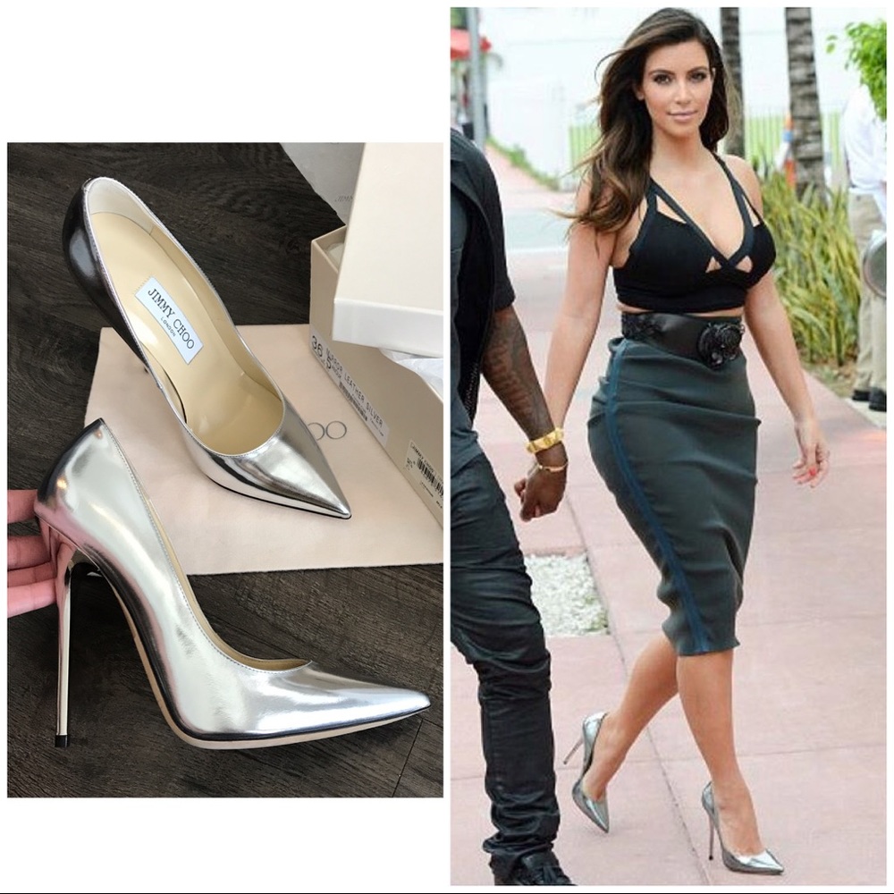 $600 JIMMY CHOO KIM KARDASHIAN SILVER ANOUK PUMPS